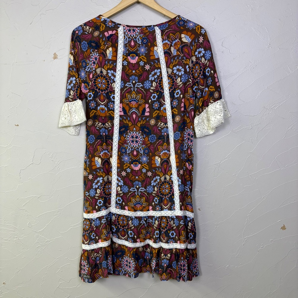NEW Matilda Jane Dress Womens XS Brown Floral Lace Trim Boho Peasant Cottagecore - Picture 3 of 14